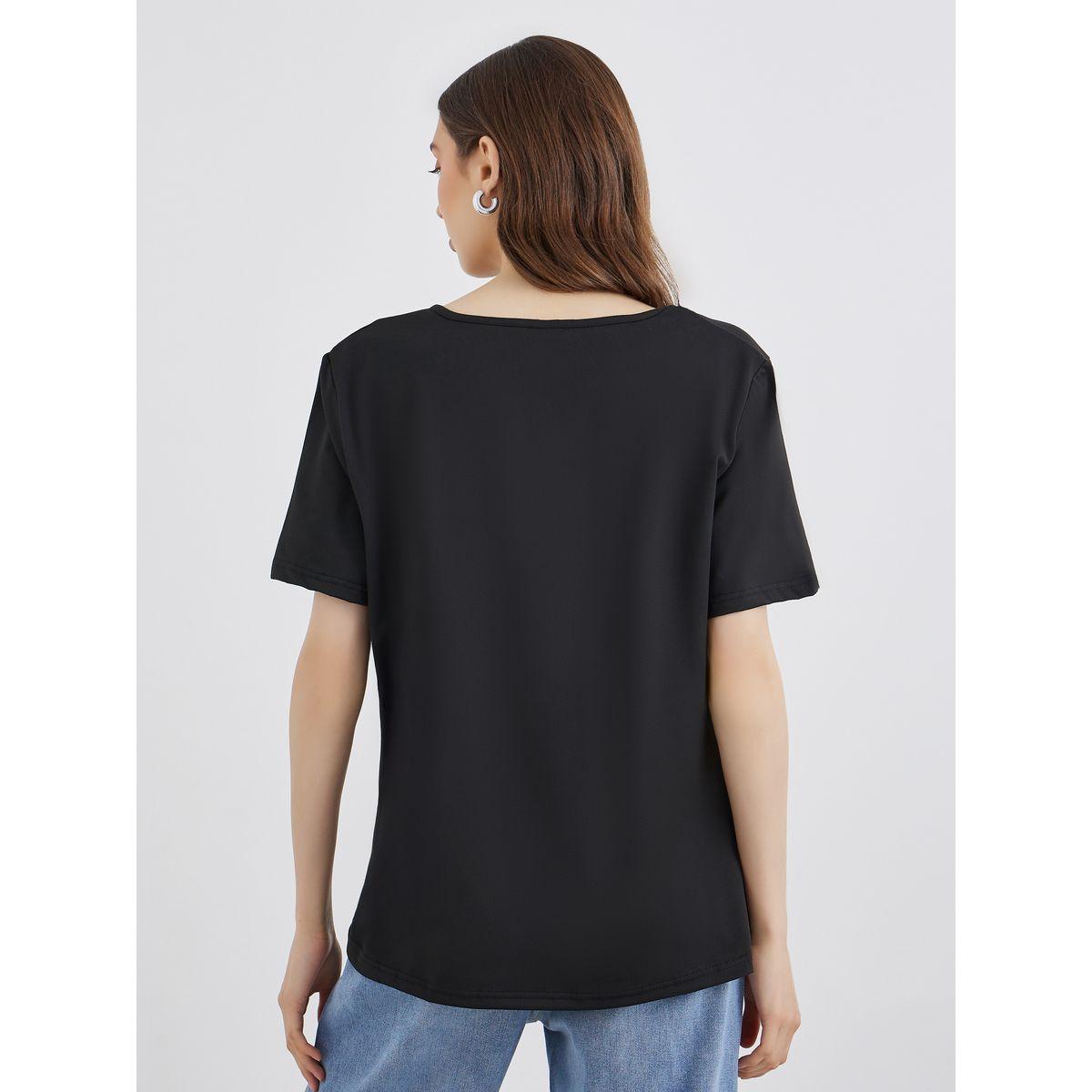 Styli Black Solid Button Detail Regular Fit T-Shirt-women-clothing-tshirts-image-4