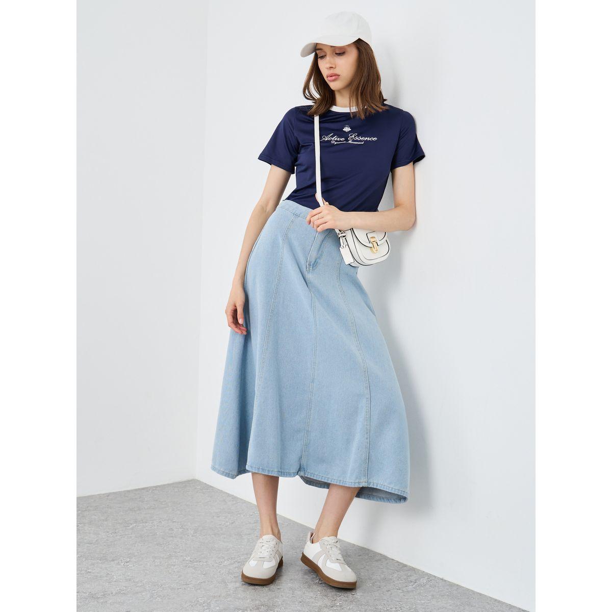 Styli Solid Denim Midi Skirt-women-clothing-bottoms-skirts-image-1