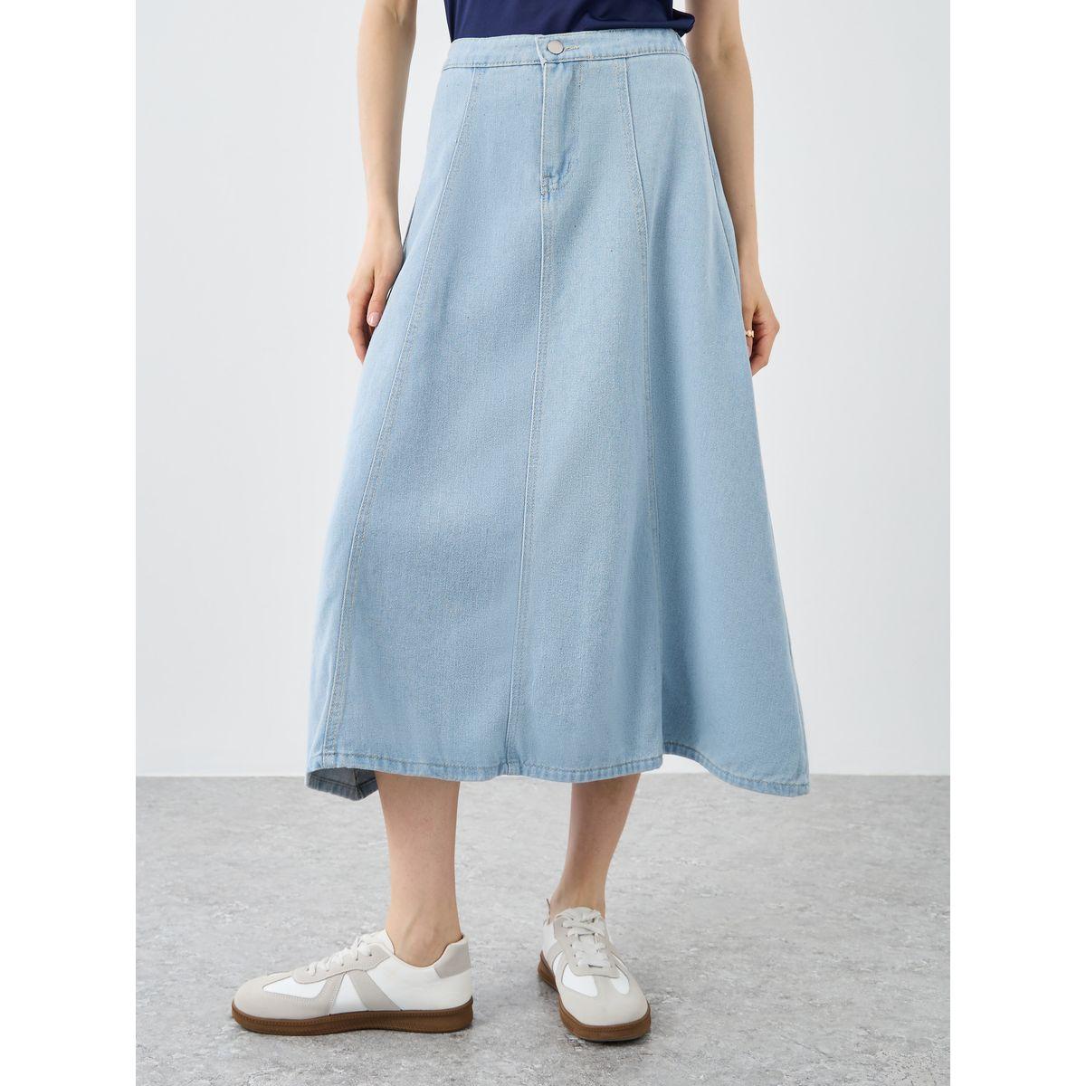 Styli Solid Denim Midi Skirt-women-clothing-bottoms-skirts-image-2