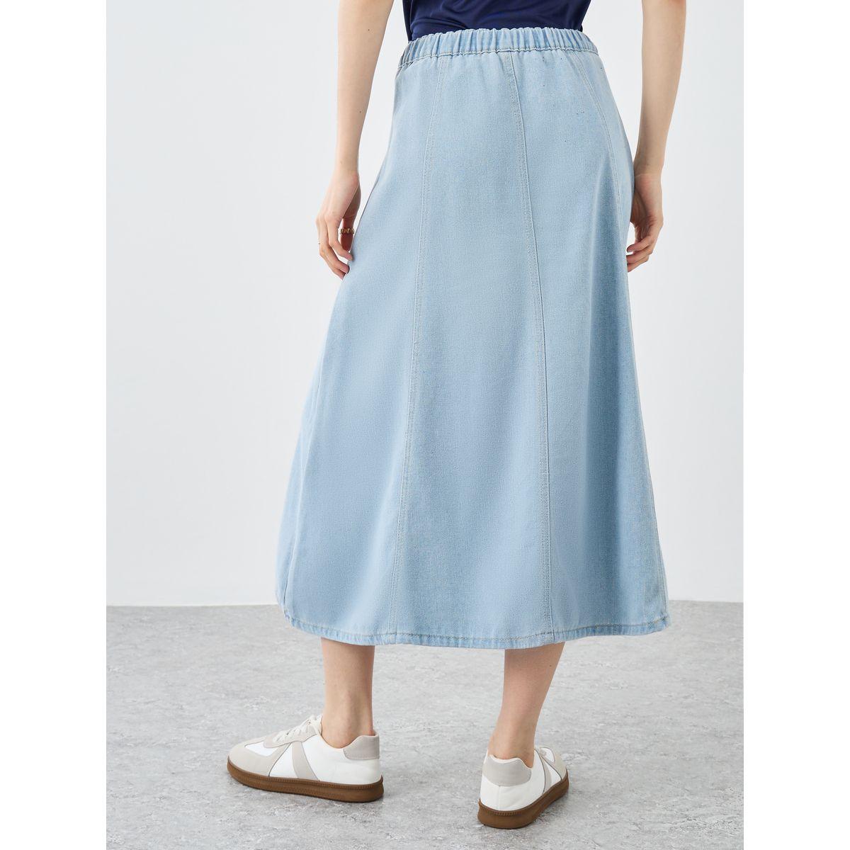 Styli Solid Denim Midi Skirt-women-clothing-bottoms-skirts-image-4