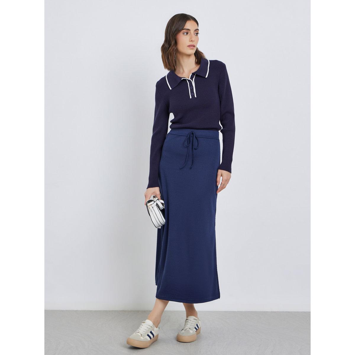 Styli Solid Knitted Maxi Skirt with Drawstring-women-clothing-bottoms-skirts-image-1