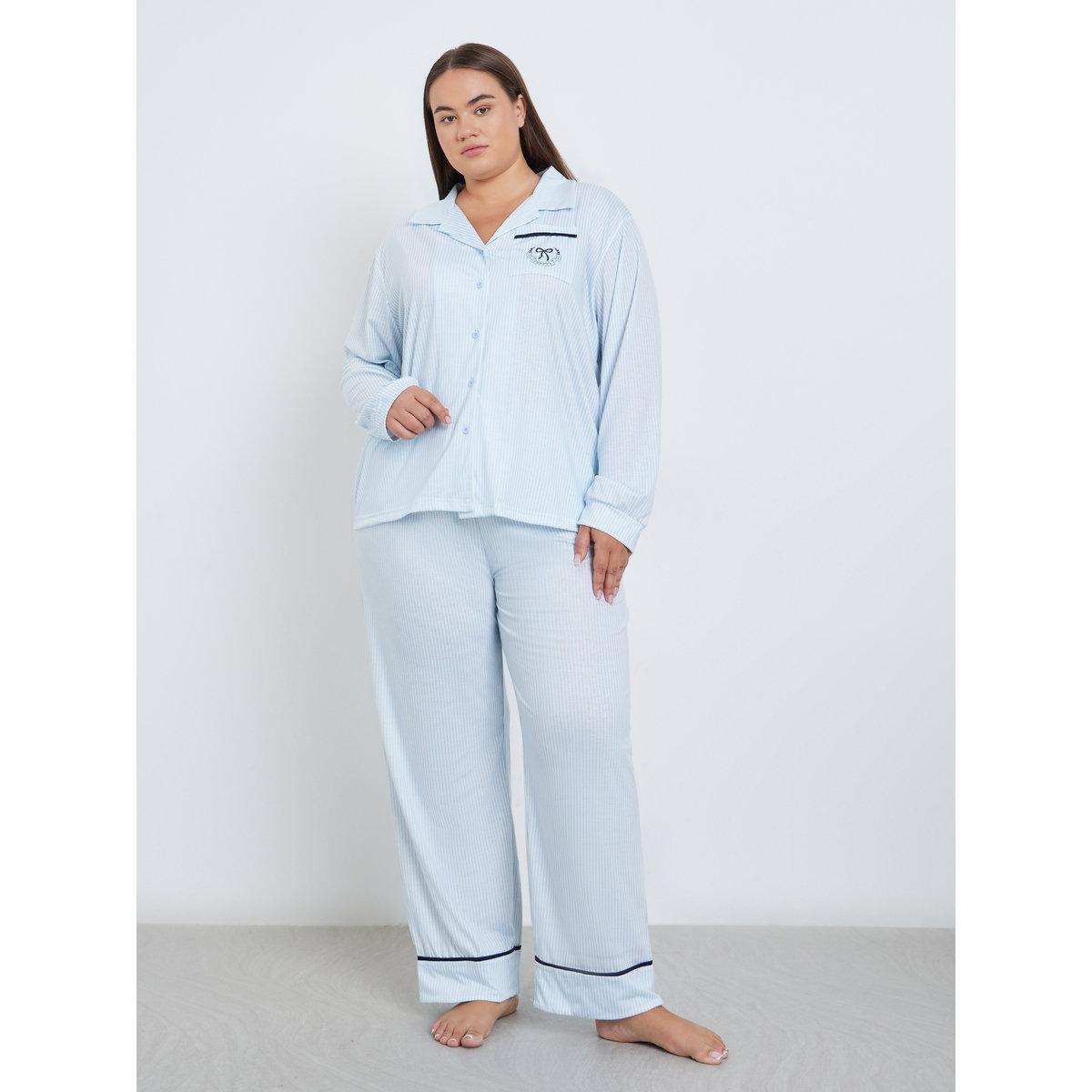طقم من بنطال بيجاما وبلوزة مخططة بمقاس كبير-women-clothing-plussize-nightwear-nightwearsets-image-2