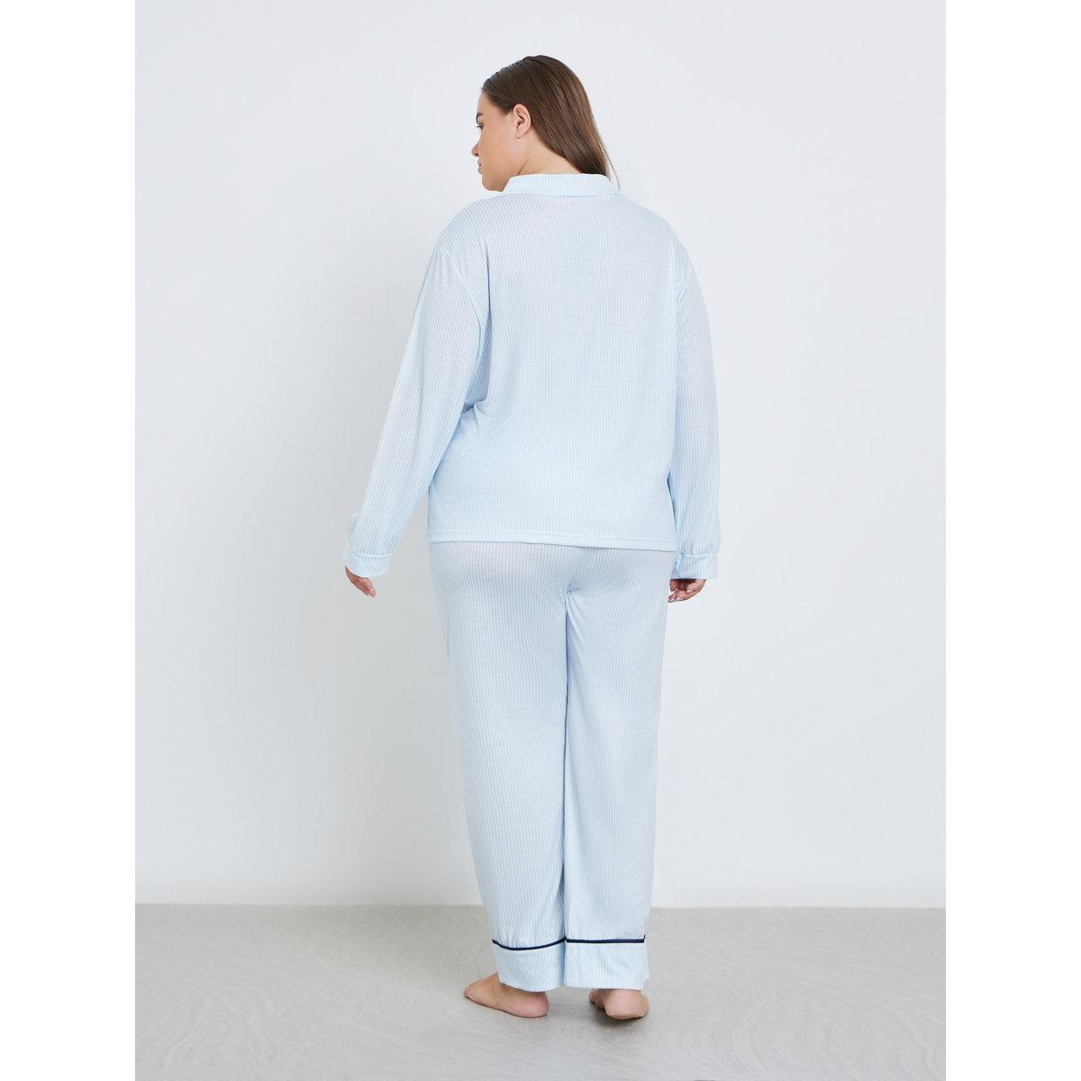 طقم من بنطال بيجاما وبلوزة مخططة بمقاس كبير-women-clothing-plussize-nightwear-nightwearsets-image-7
