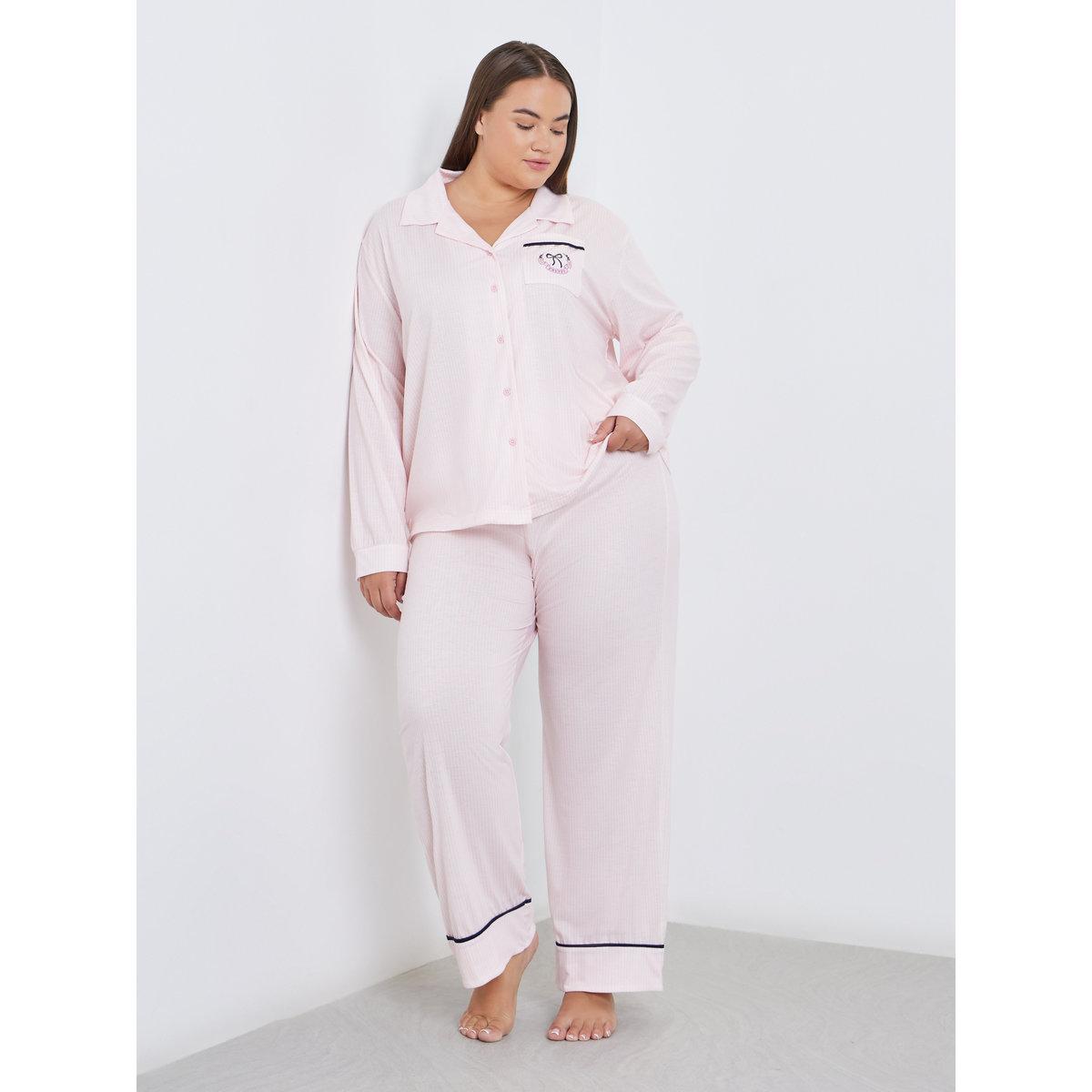 Styli Plus Bow Print Pocket Striped Shirt and Pyjama Set-women-clothing-plussize-nightwear-nightwearsets-image-1