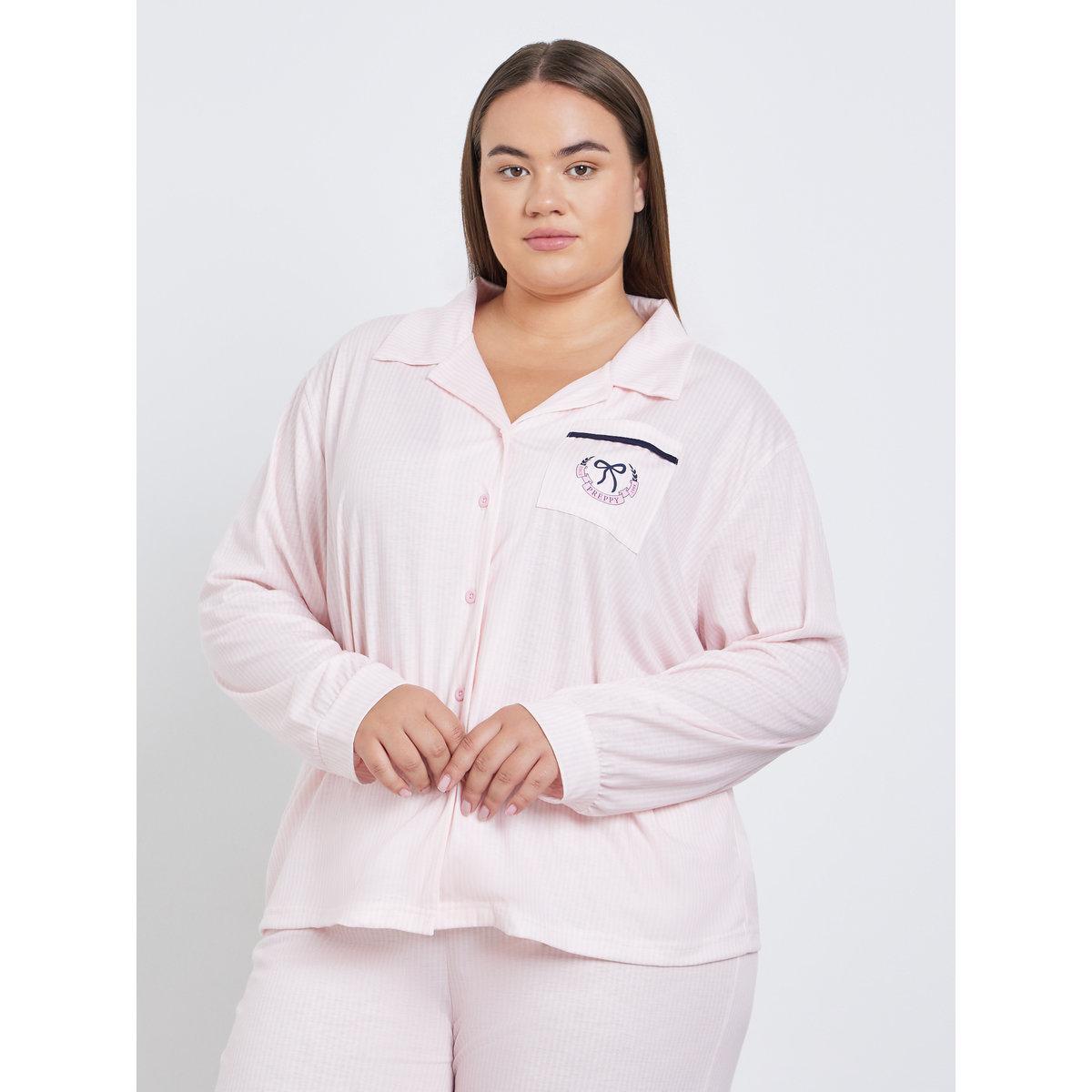 Styli Plus Bow Print Pocket Striped Shirt and Pyjama Set-women-clothing-plussize-nightwear-nightwearsets-image-2
