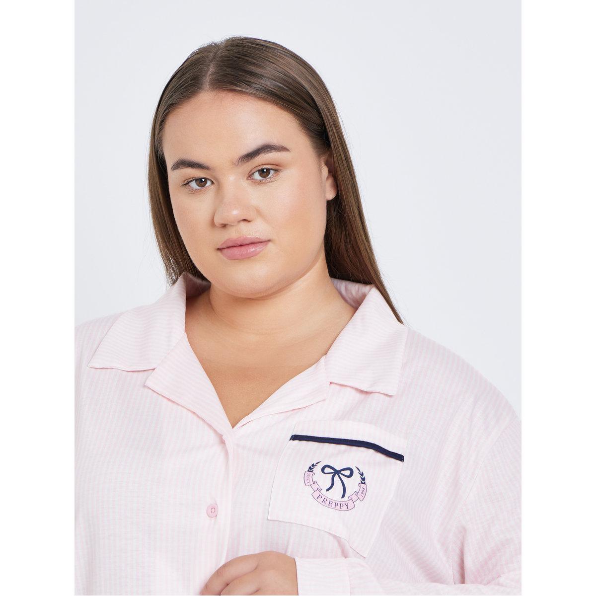 Styli Plus Bow Print Pocket Striped Shirt and Pyjama Set-women-clothing-plussize-nightwear-nightwearsets-image-3