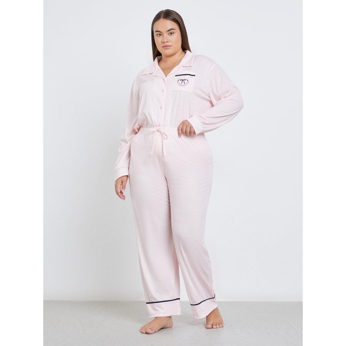 Styli Plus Bow Print Pocket Striped Shirt and Pyjama Set-women-clothing-plussize-nightwear-nightwearsets-image-4
