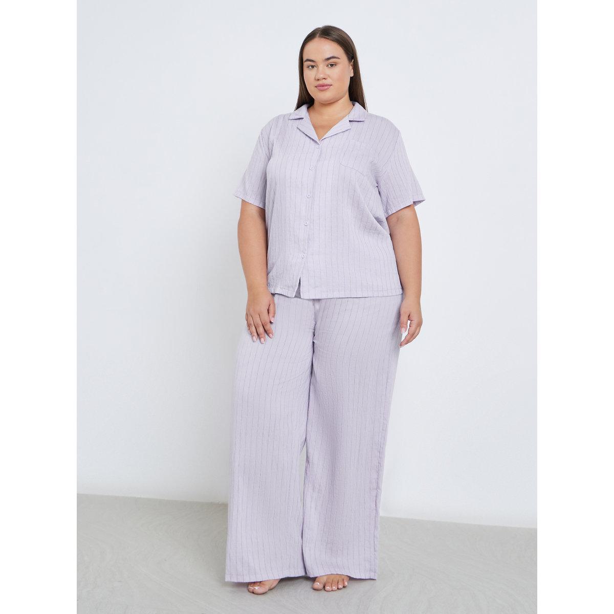 Styli Plus Viscose Textured Double Stripe Shirt and Pyjama Set-women-clothing-plussize-nightwear-nightwearsets-image-1