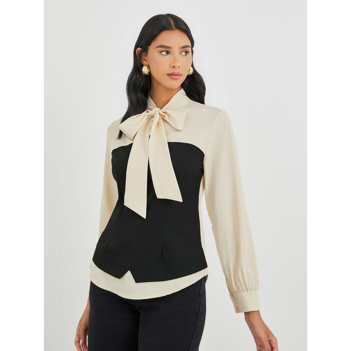Styli Color Block Tie Up Neck Long Sleeve Blouse-women-clothing-shirtsandblouses-blouses-image-1