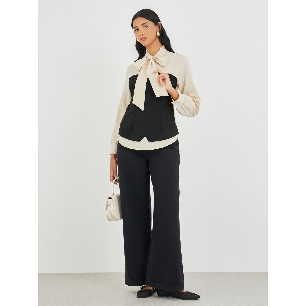 Styli Color Block Tie Up Neck Long Sleeve Blouse-women-clothing-shirtsandblouses-blouses-image-2