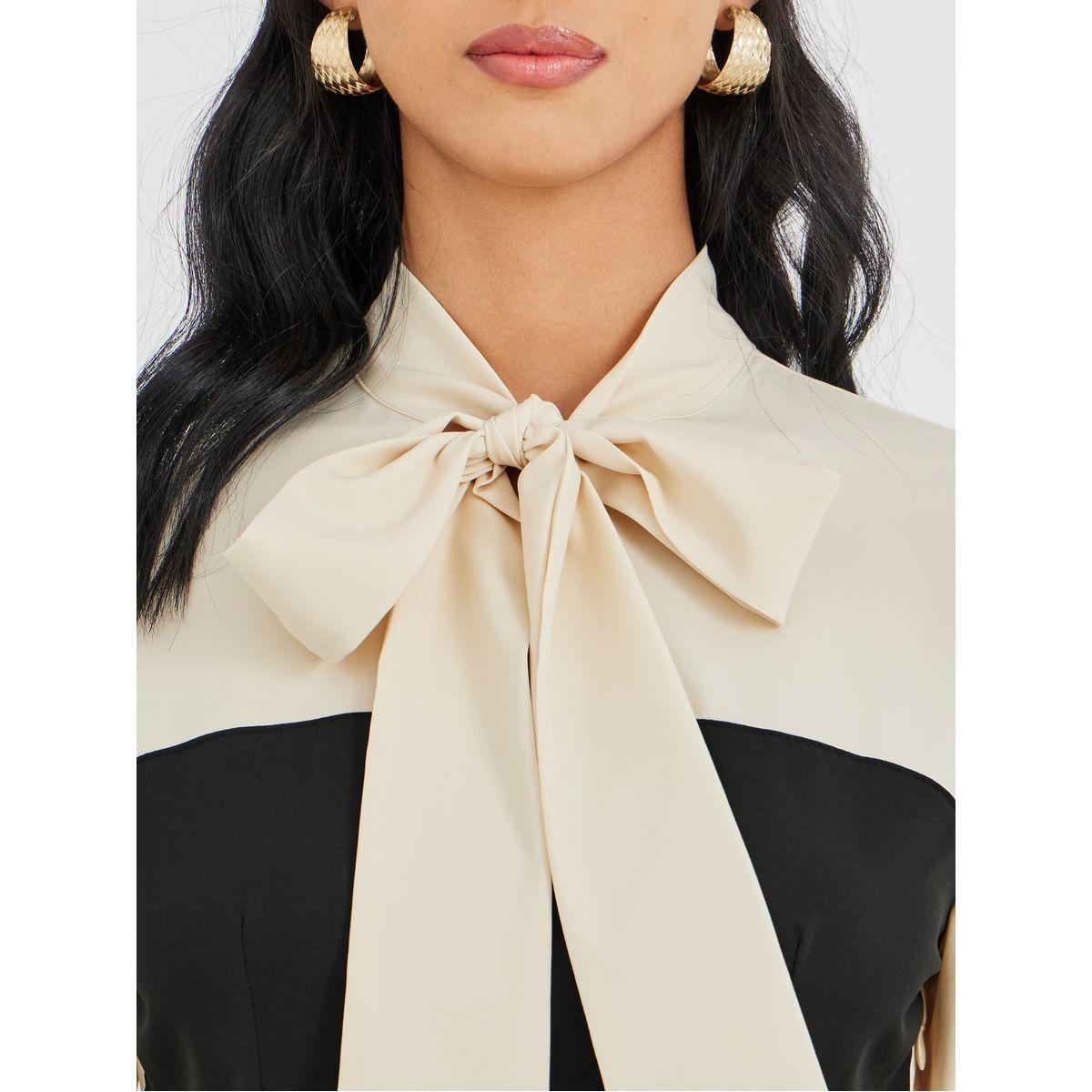 Styli Color Block Tie Up Neck Long Sleeve Blouse-women-clothing-shirtsandblouses-blouses-image-3