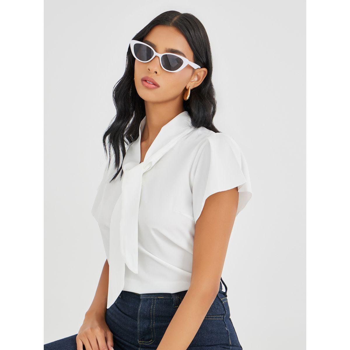 Styli Solid Tie Up Neck Short Sleeve Blouse-women-clothing-shirtsandblouses-blouses-image-1