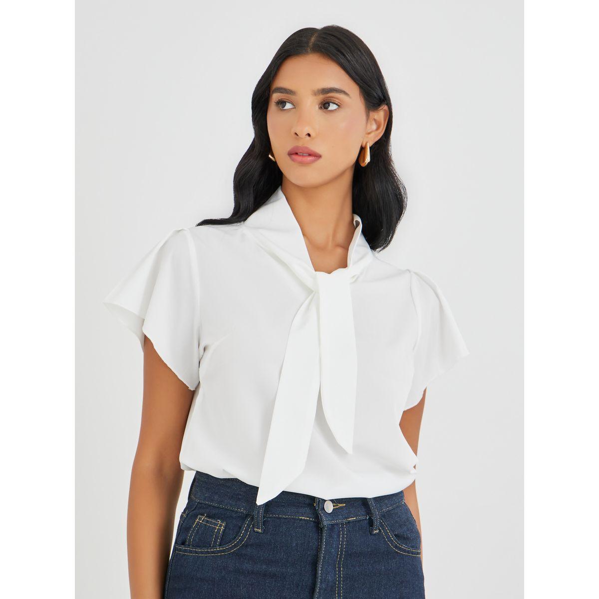 Styli Solid Tie Up Neck Short Sleeve Blouse-women-clothing-shirtsandblouses-blouses-image-3