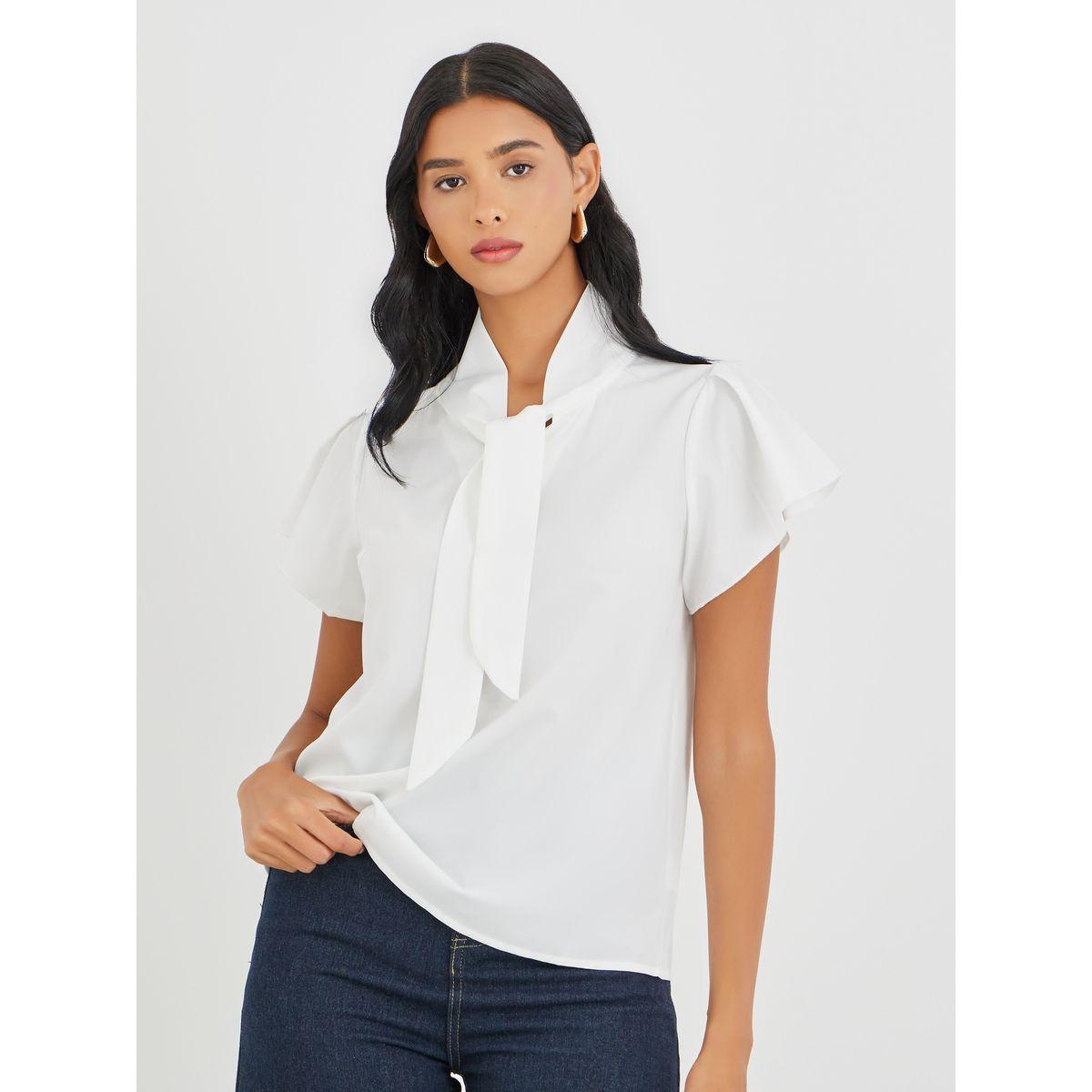 Styli Solid Tie Up Neck Short Sleeve Blouse-women-clothing-shirtsandblouses-blouses-image-4