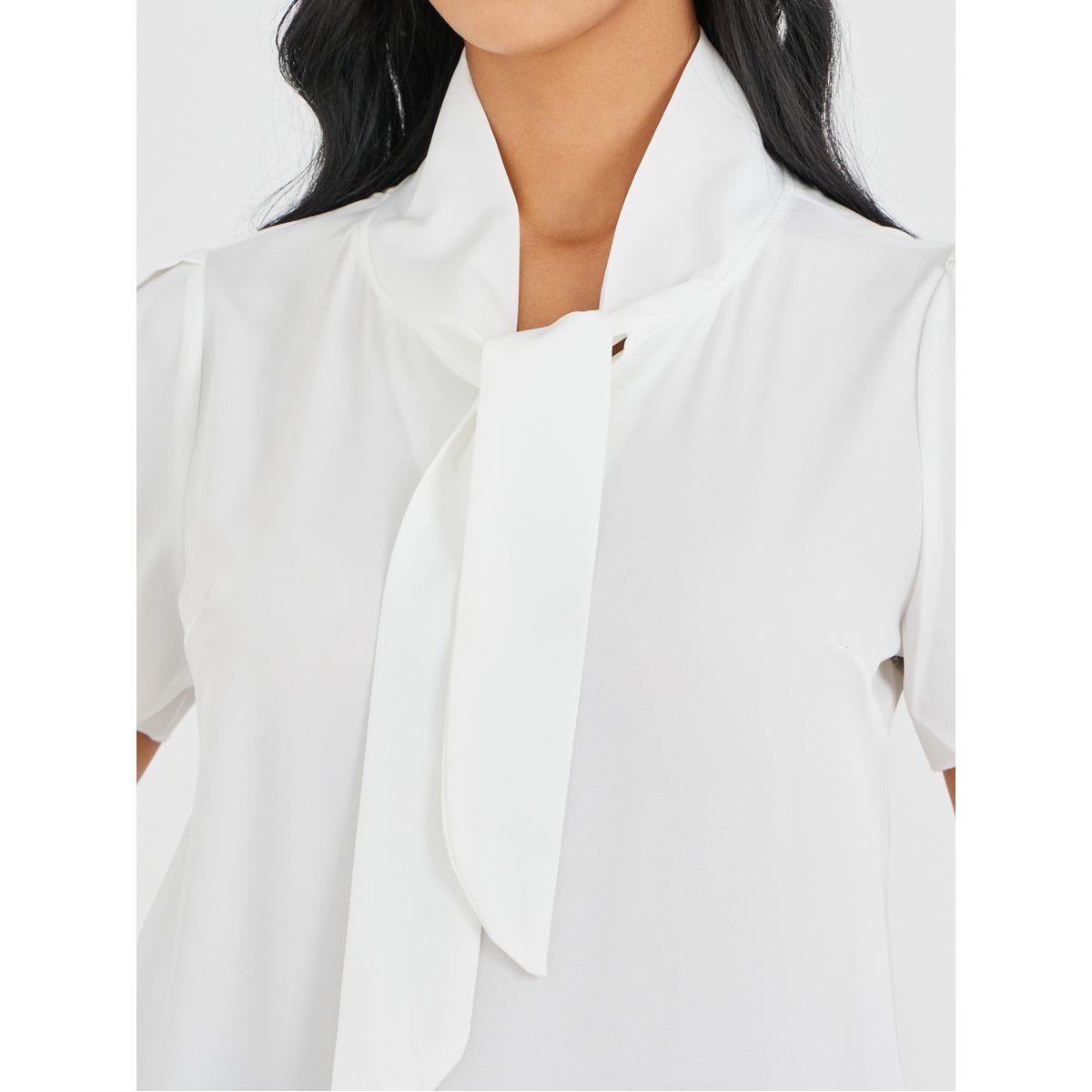 Styli Solid Tie Up Neck Short Sleeve Blouse-women-clothing-shirtsandblouses-blouses-image-5