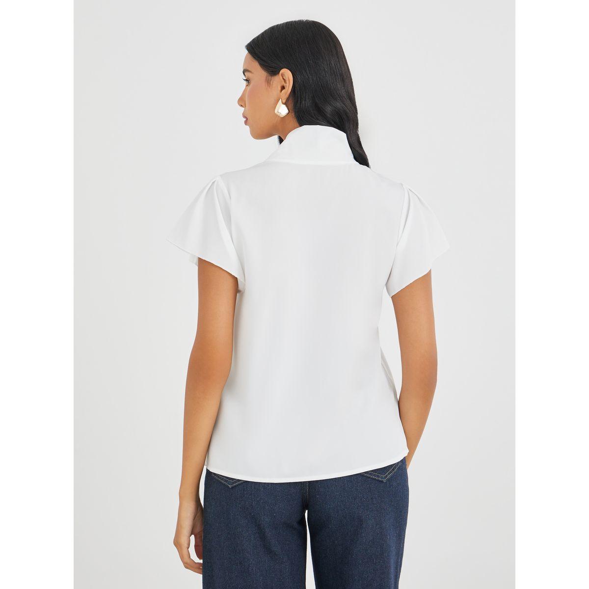 Styli Solid Tie Up Neck Short Sleeve Blouse-women-clothing-shirtsandblouses-blouses-image-6