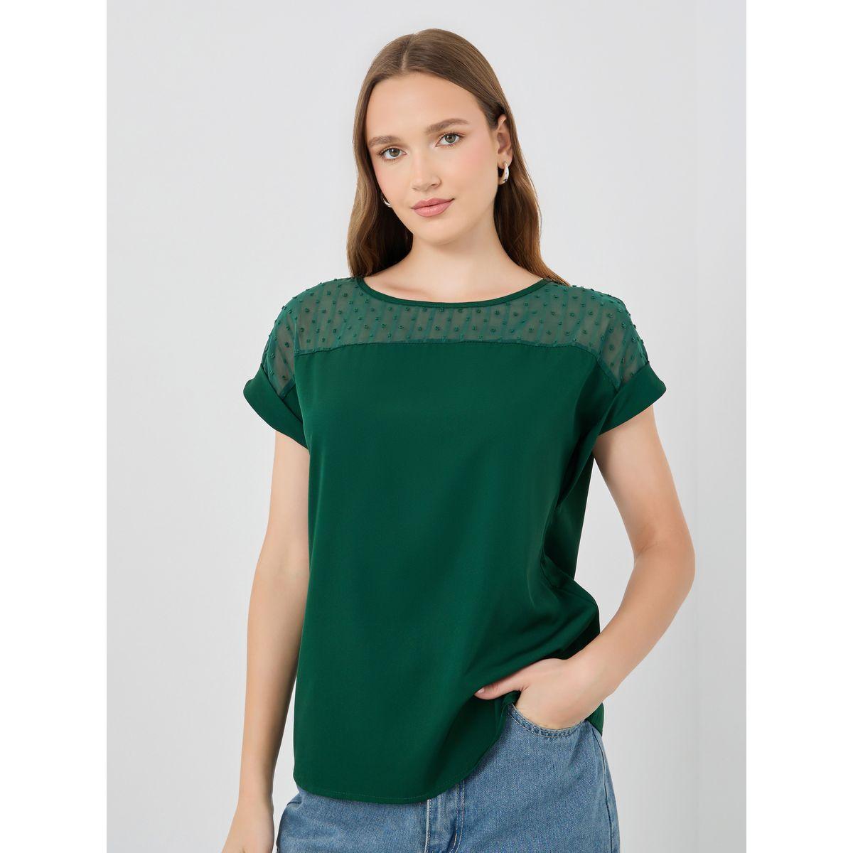 بلوزة سادة بياقة دائرية وأكمام قصيرة-women-clothing-shirtsandblouses-blouses-image-1