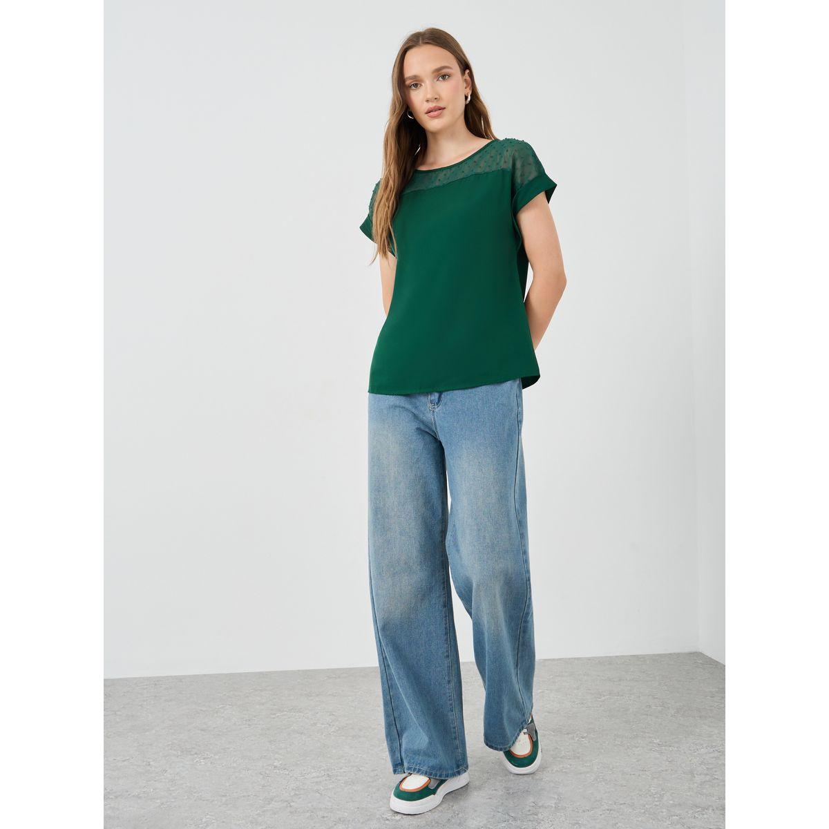 Styli Solid Round Neck Short Sleeve Blouse-women-clothing-shirtsandblouses-blouses-image-2
