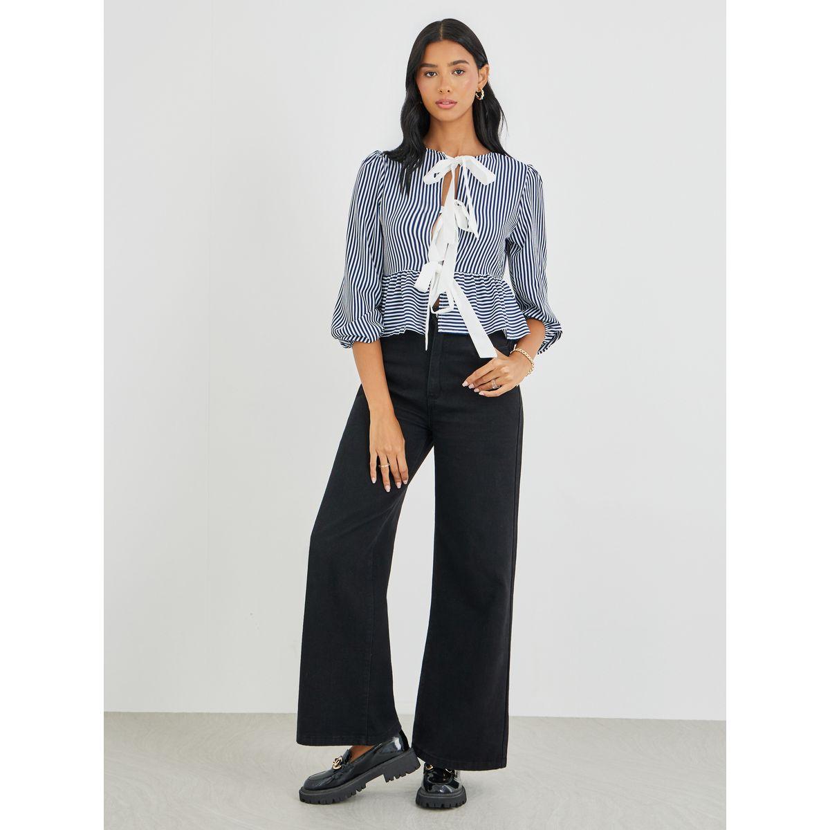 Styli Striped Ruffled Hem Tie-Up Detail Top-women-clothing-shirtsandblouses-blouses-image-2