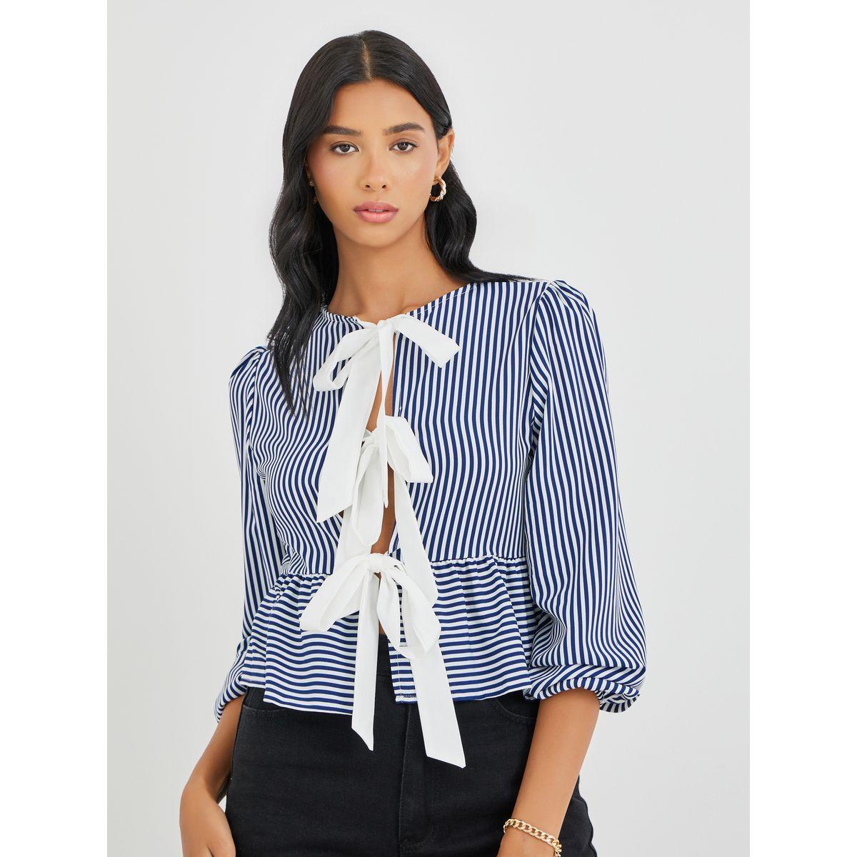 Styli Striped Ruffled Hem Tie-Up Detail Top-women-clothing-shirtsandblouses-blouses-image-3