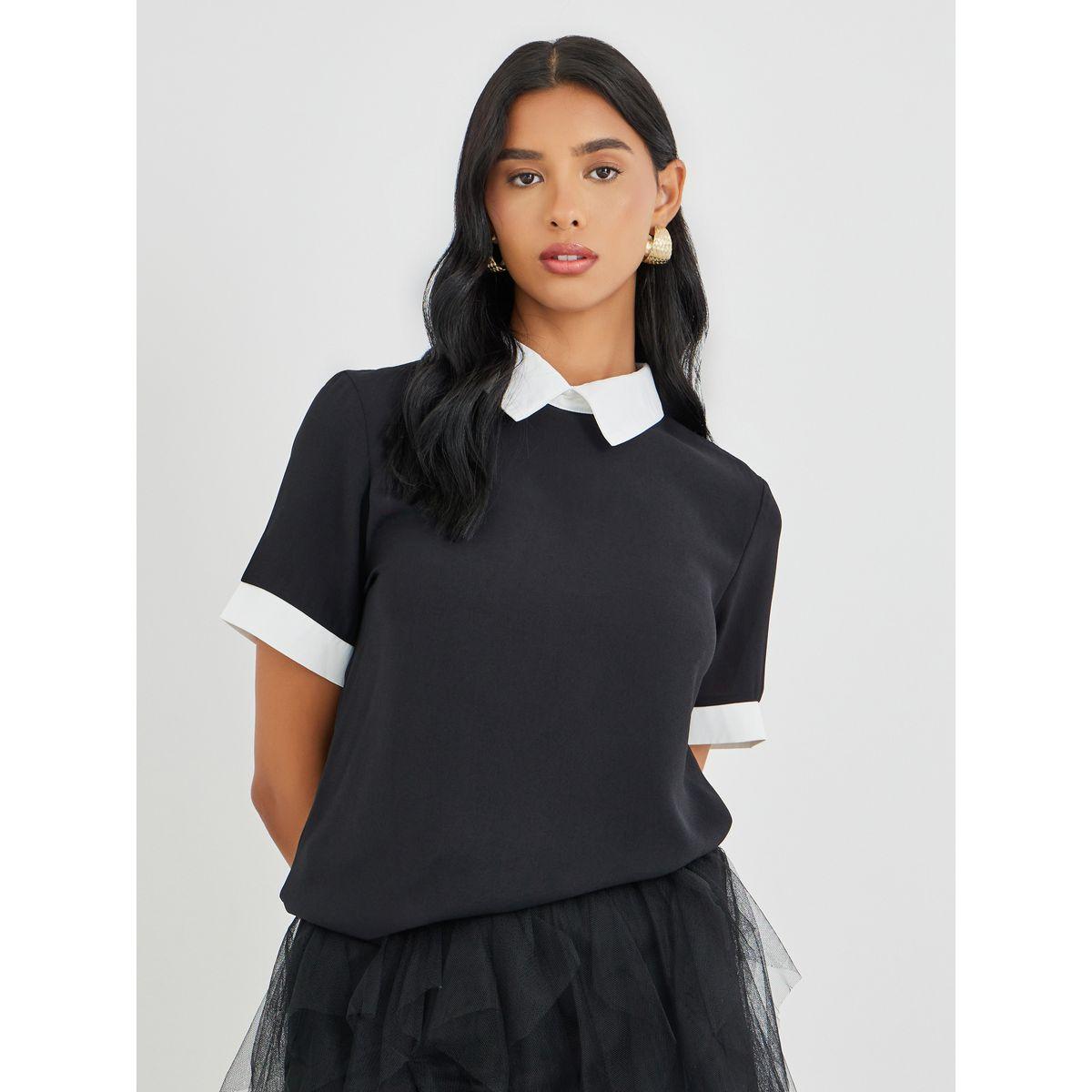 Styli Color Block Short Sleeve Blouse-women-clothing-shirtsandblouses-blouses-image-1