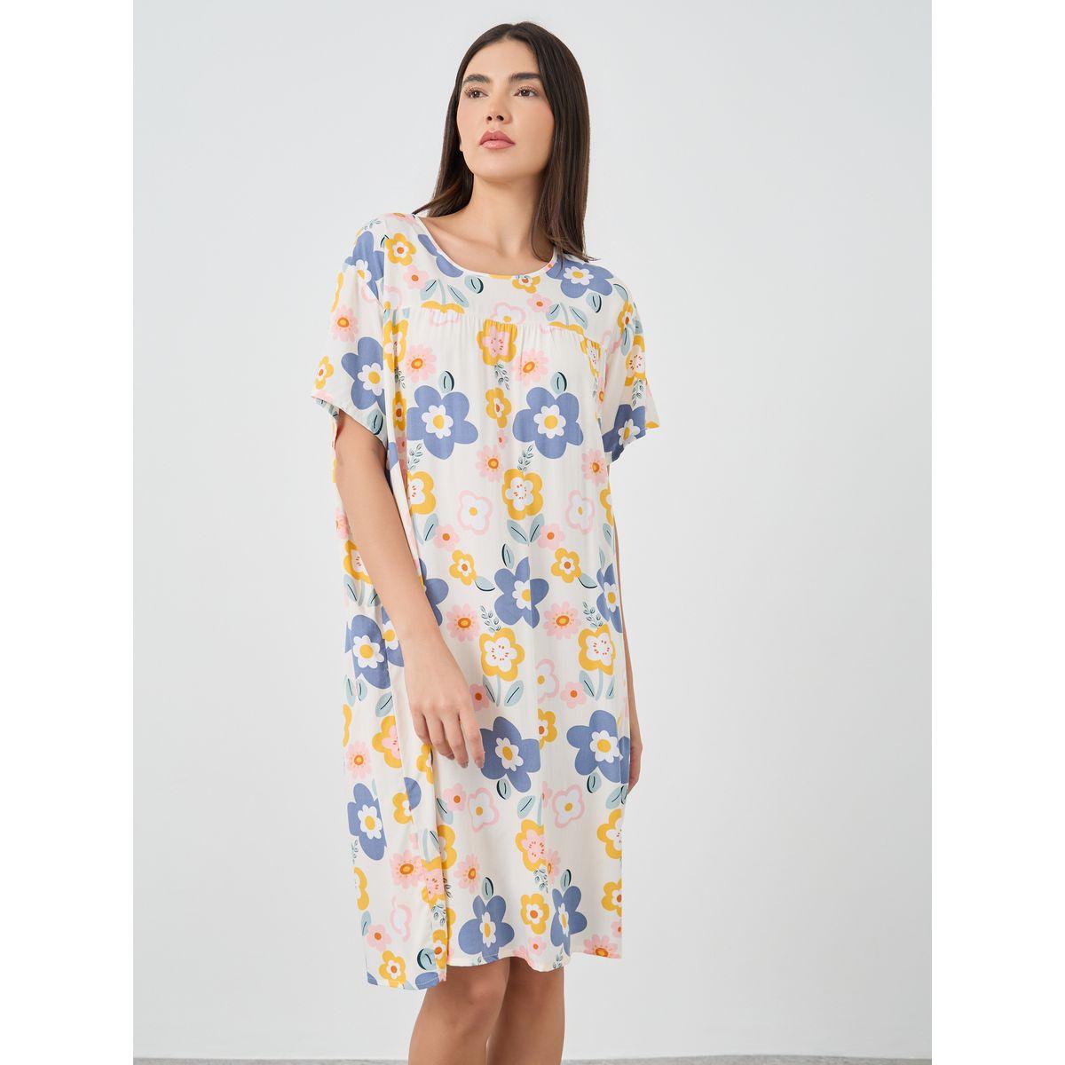 قميص نوم ميدي بطبعة زهور وأكمام قصيرة-women-clothing-nightwear-nighties-image-2