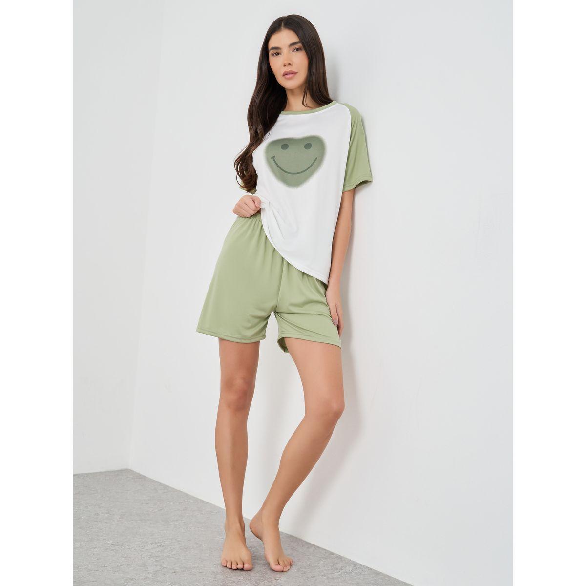 Styli Raglan Sleeve Smile Printed T-Shirt and Shorts Pyjama Set-women-clothing-nightwear-pyjamas-shortsets-image-1