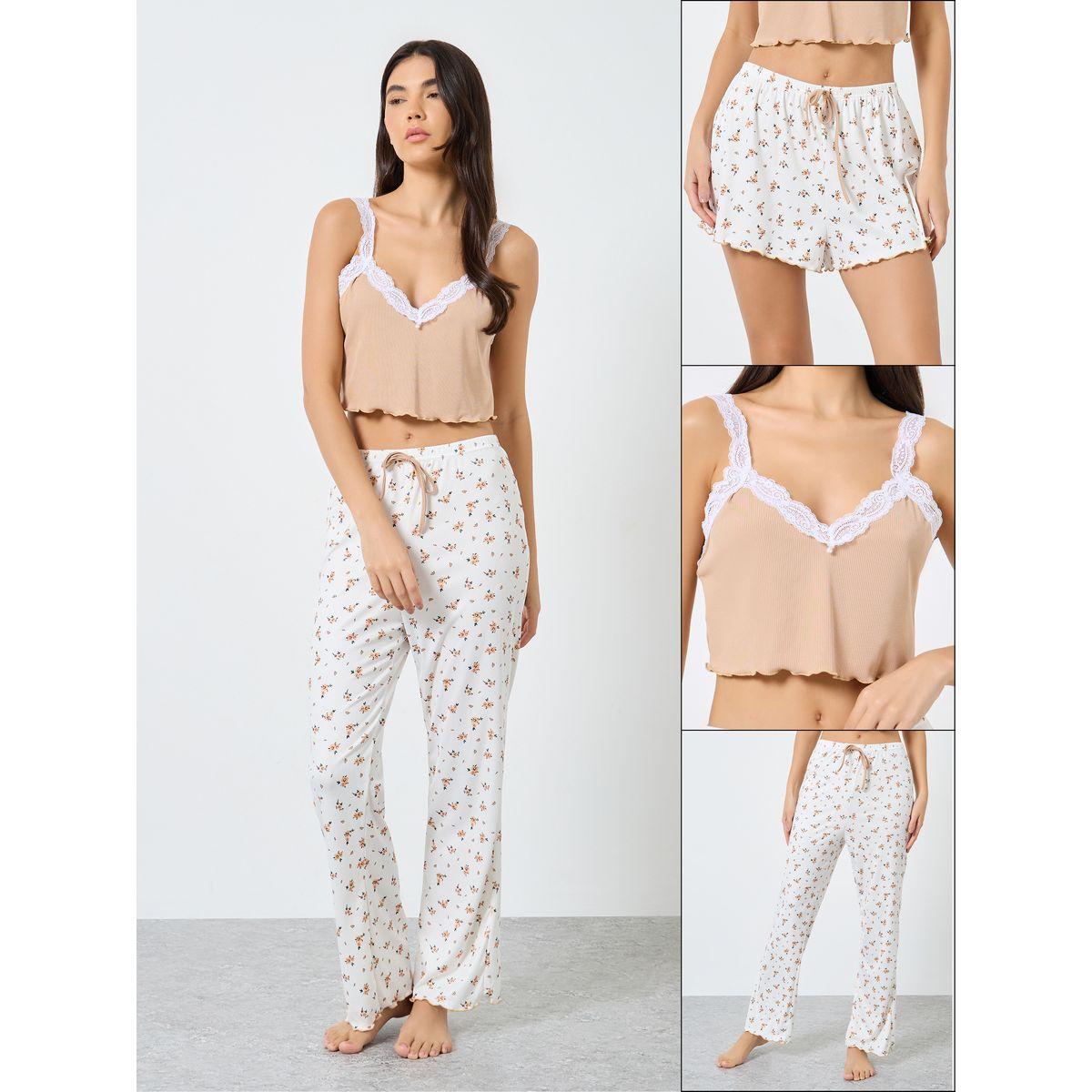 طقم من بنطال بيجاما، وشورت مع بلوزة بتفاصيل دانتيل-women-clothing-nightwear-pyjamas-longsets-image-1
