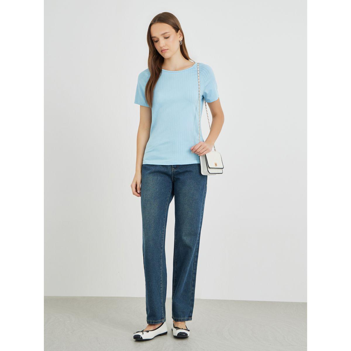 Styli Textured Round Neck Short Sleeve T-Shirt-women-clothing-tshirts-image-2