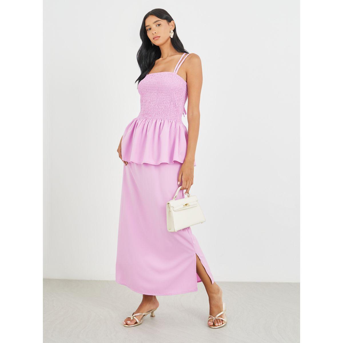 طقم منسق من تنورة ميدي وبلوزة سادة بحمالات كتف-women-clothing-coordsets-image-1