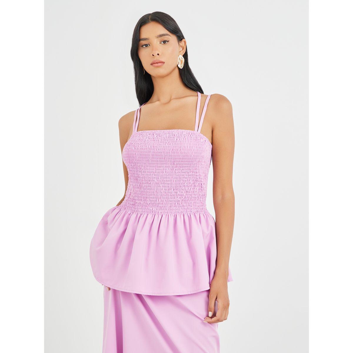 Styli Solid Smocked Strappy Top and Midi Skirt Co-Ords-women-clothing-coordsets-image-3