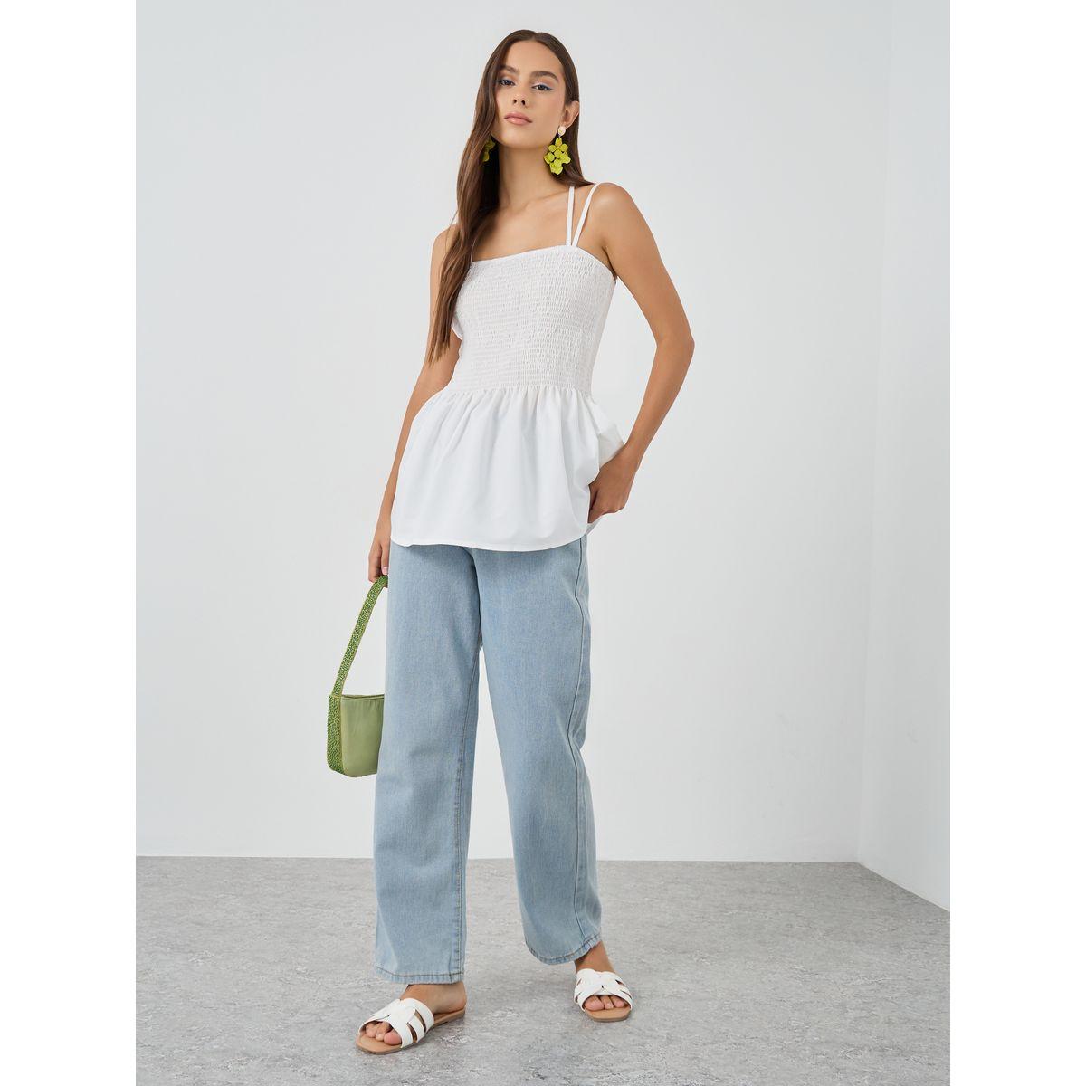 Styli Solid Smocked Detail Strappy Top-women-clothing-shirtsandblouses-blouses-image-2