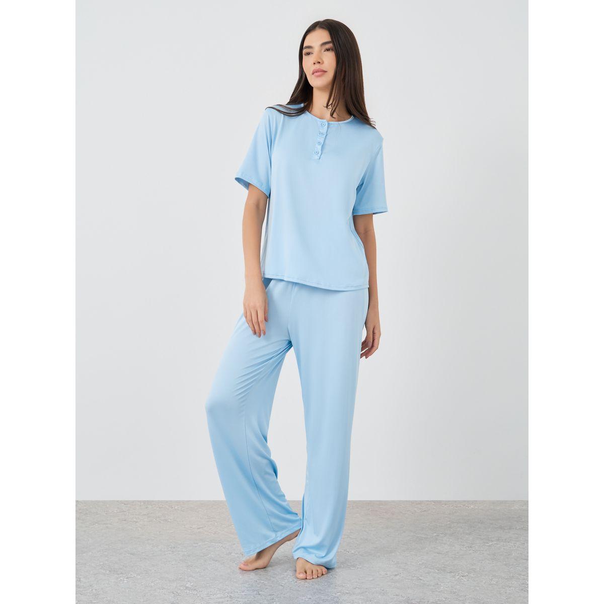 Styli Solid Front Button Short Sleeve T-Shirt and Pyjama Set-women-clothing-nightwear-pyjamas-longsets-image-1