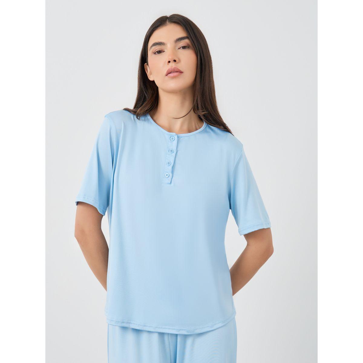 Styli Solid Front Button Short Sleeve T-Shirt and Pyjama Set-women-clothing-nightwear-pyjamas-longsets-image-2