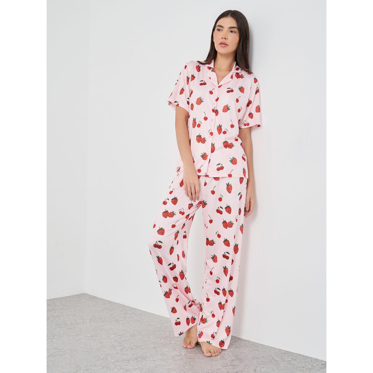 Styli Strawberry Printed Shirt and Pyjama Set-women-clothing-nightwear-pyjamas-longsets-image-1