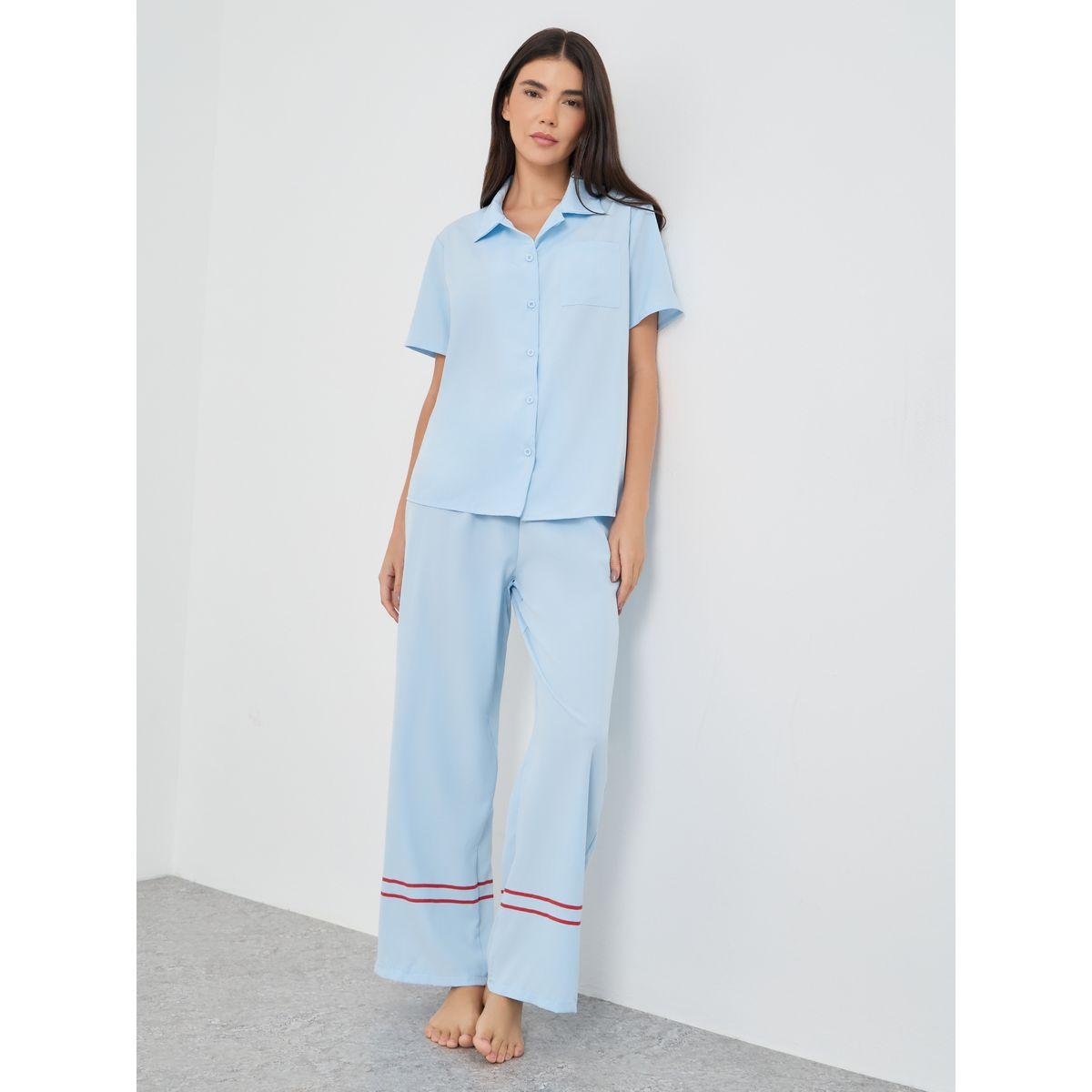 Styli Solid Buttoned Short Sleeve Shirt and Pyjama Set-women-clothing-nightwear-pyjamas-longsets-image-1