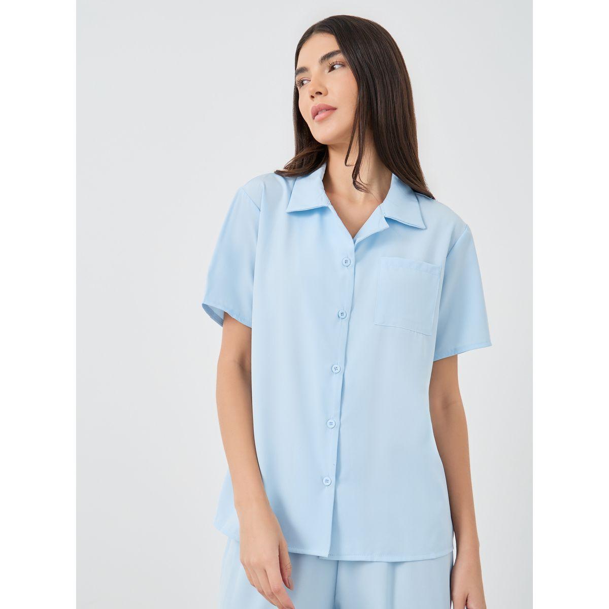 Styli Solid Buttoned Short Sleeve Shirt and Pyjama Set-women-clothing-nightwear-pyjamas-longsets-image-2