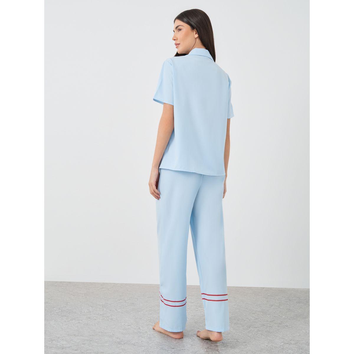 Styli Solid Buttoned Short Sleeve Shirt and Pyjama Set-women-clothing-nightwear-pyjamas-longsets-image-5