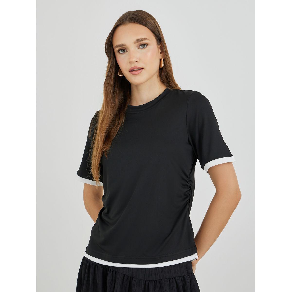 Styli Contrast Trim Side Ruched Detail T-Shirt-women-clothing-tshirts-image-1