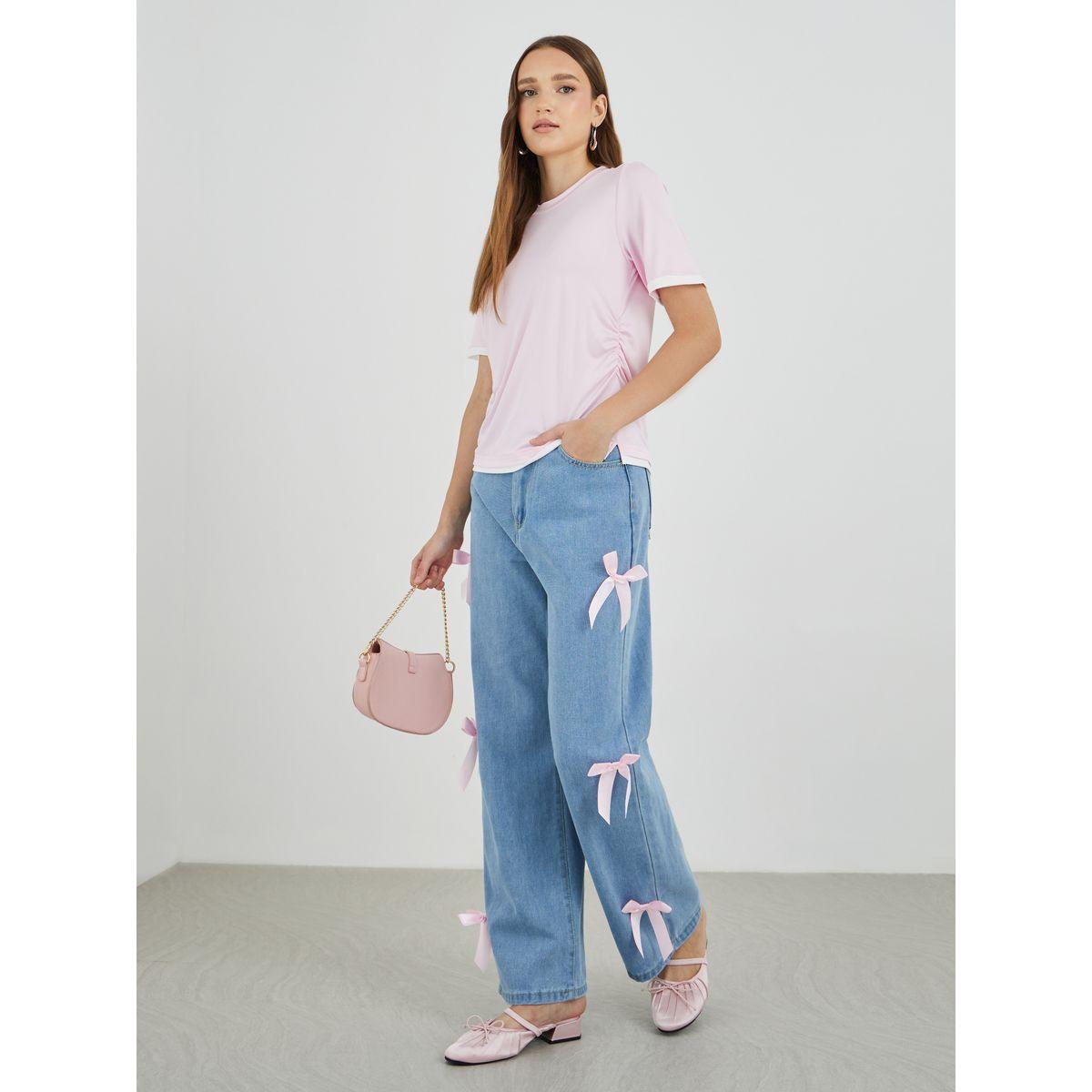 تيشيرت بتفاصيل مزمومة وأكمام قصيرة-women-clothing-tshirts-image-2