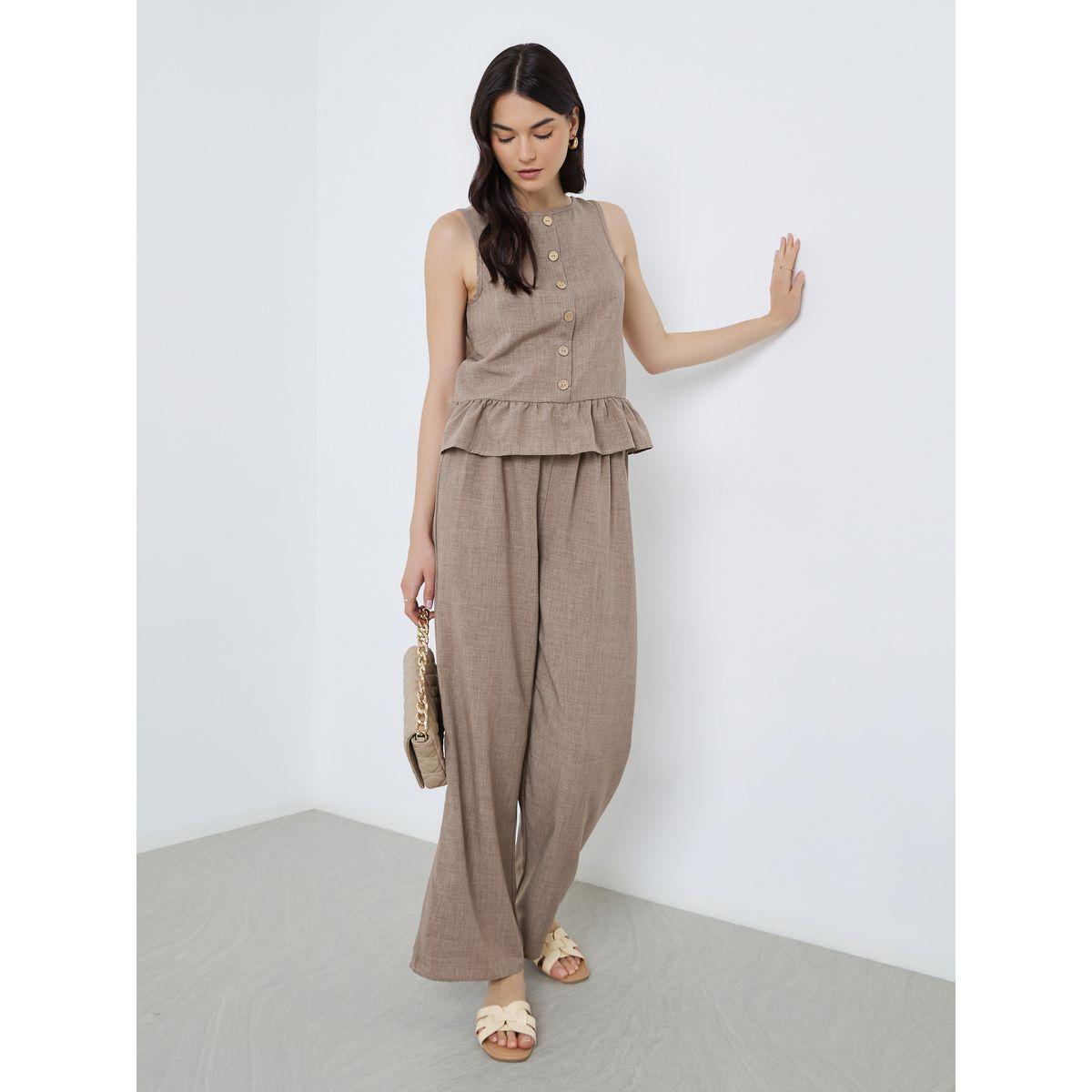 Styli Women Brown Sleeveless Top and Trousers Co-Ords-women-clothing-coordsets-image-1