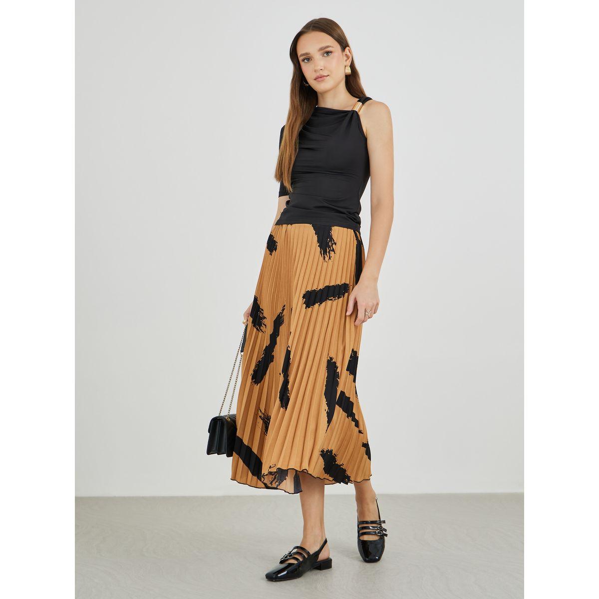Styli Printed Pleated A-Line Midi Skirt-women-clothing-bottoms-skirts-image-1