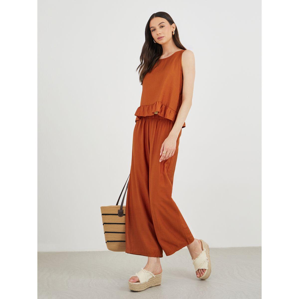 Styli Sleeveless Ruffled Trim Top and Wide Leg Pants Co-Ords-women-clothing-coordsets-image-1