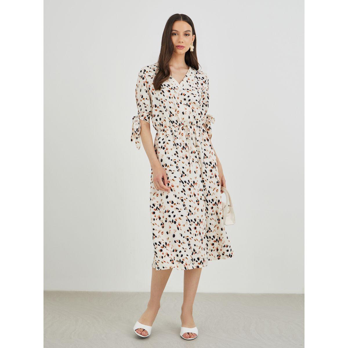 Styli Printed V-Neck Midi Dress with Tie-Up Detail-women-clothing-dresses-image-2