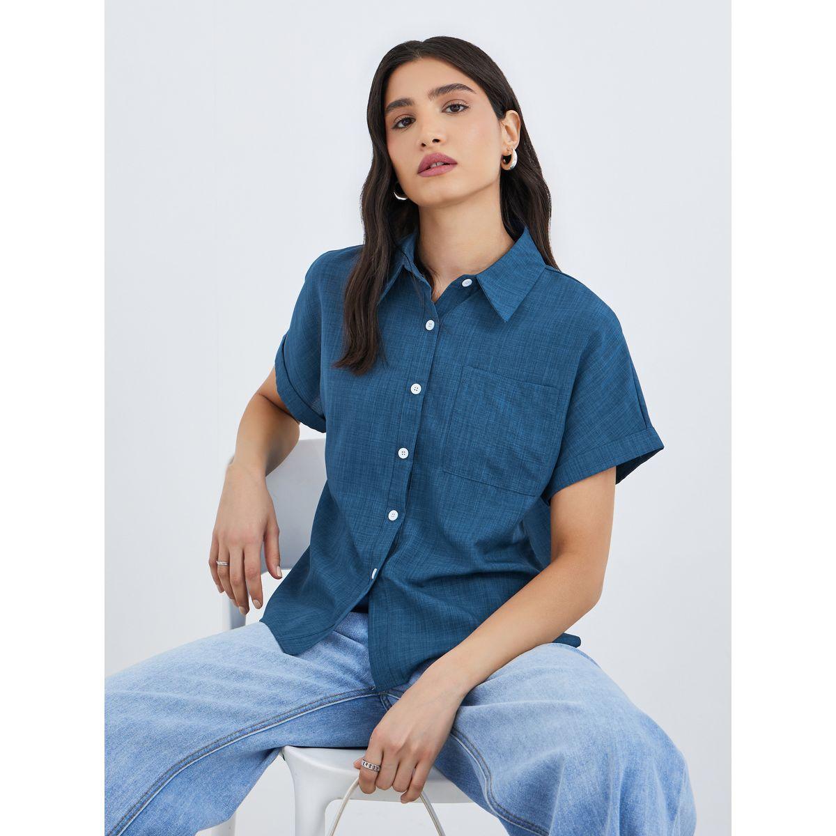 Styli Blue Linen Look Short Sleeve Shirt-women-clothing-shirtsandblouses-shirts-image-1