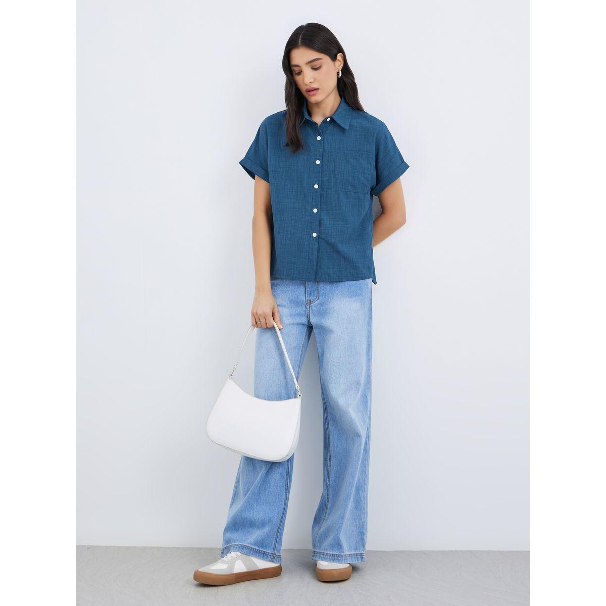 Styli Blue Linen Look Short Sleeve Shirt-women-clothing-shirtsandblouses-shirts-image-2