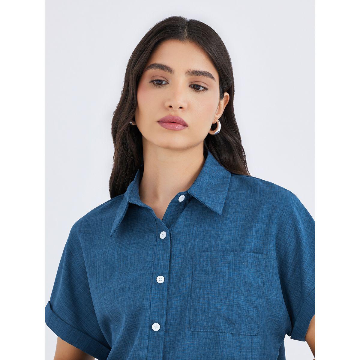 Styli Blue Linen Look Short Sleeve Shirt-women-clothing-shirtsandblouses-shirts-image-3