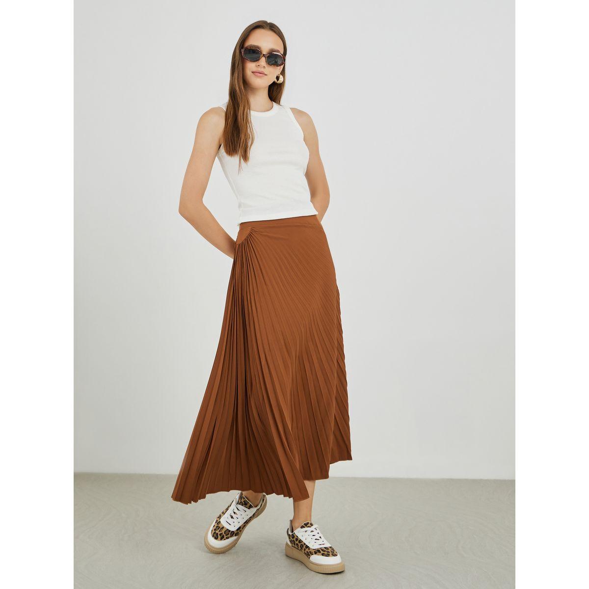 تنورة ميدي سادة بتفاصيل كسرات-women-clothing-bottoms-skirts-image-1
