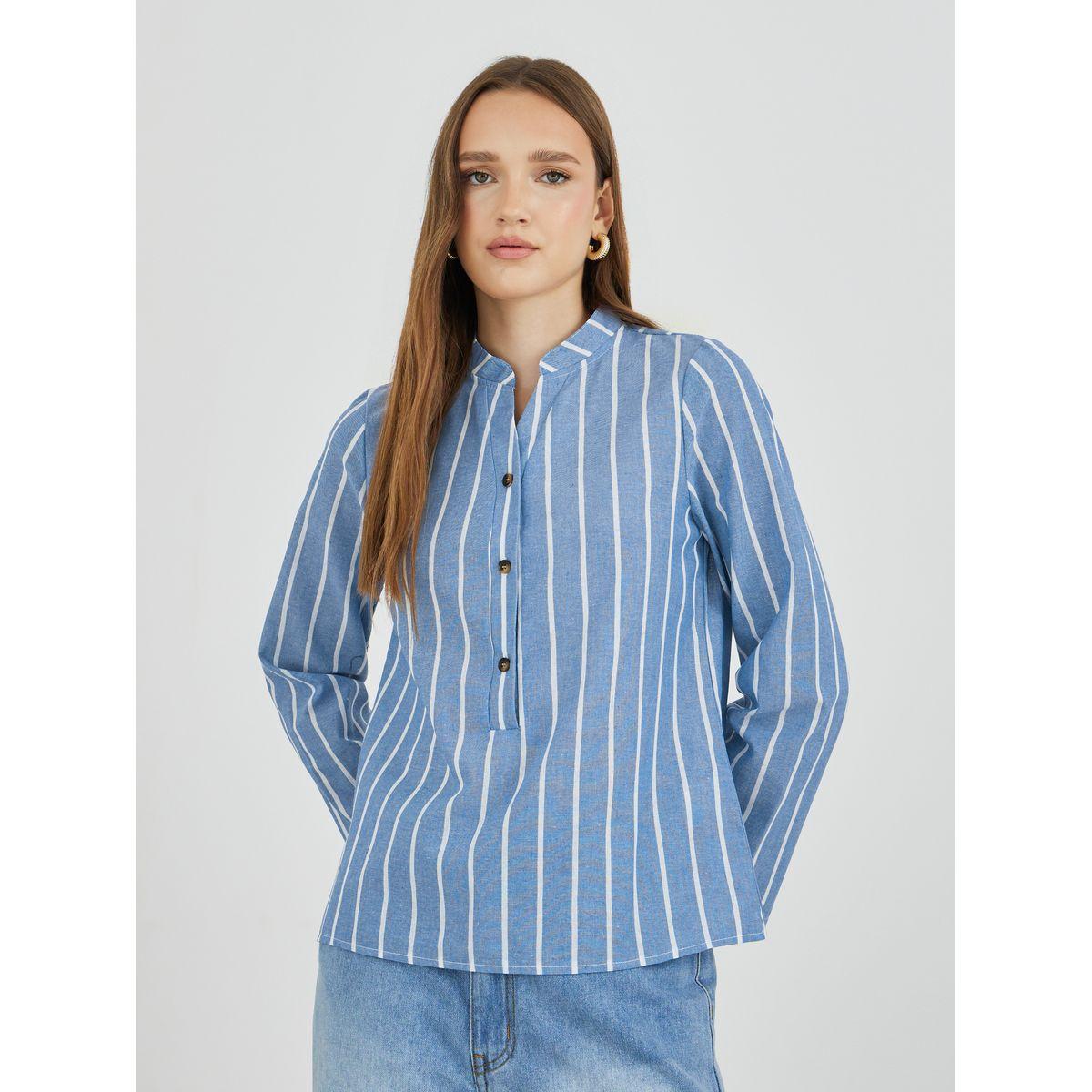 Styli Striped Button Front Stand Collar Shirt-women-clothing-shirtsandblouses-shirts-image-1