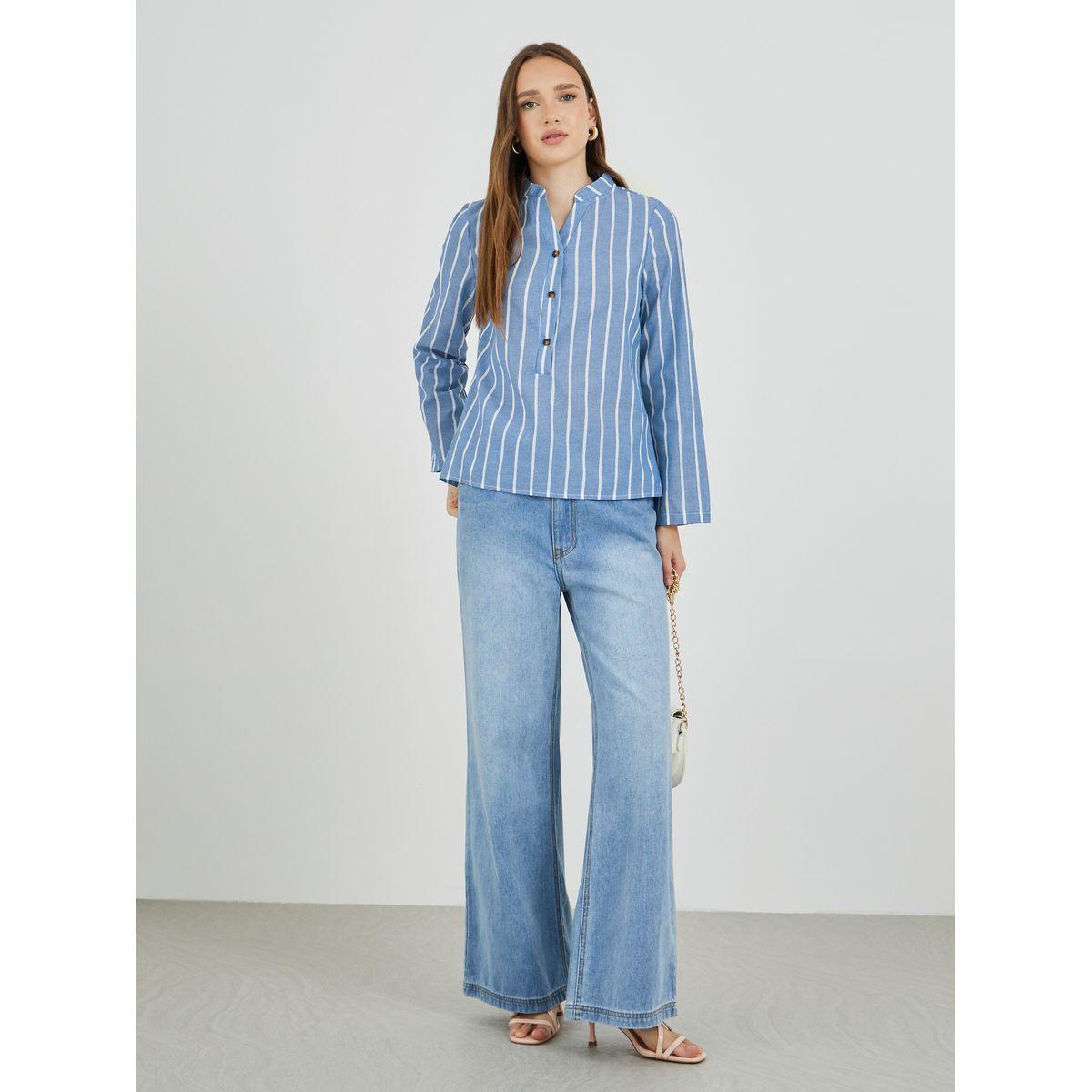 Styli Striped Button Front Stand Collar Shirt-women-clothing-shirtsandblouses-shirts-image-2